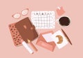 Flat style illustration - set of cute stationery items notebooks, diaries, pens, calendar, envelops in pink colors